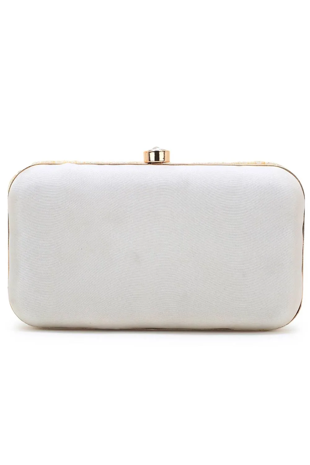 Adorn Off White Faux Silk Geometric Clutch with Mirror Work