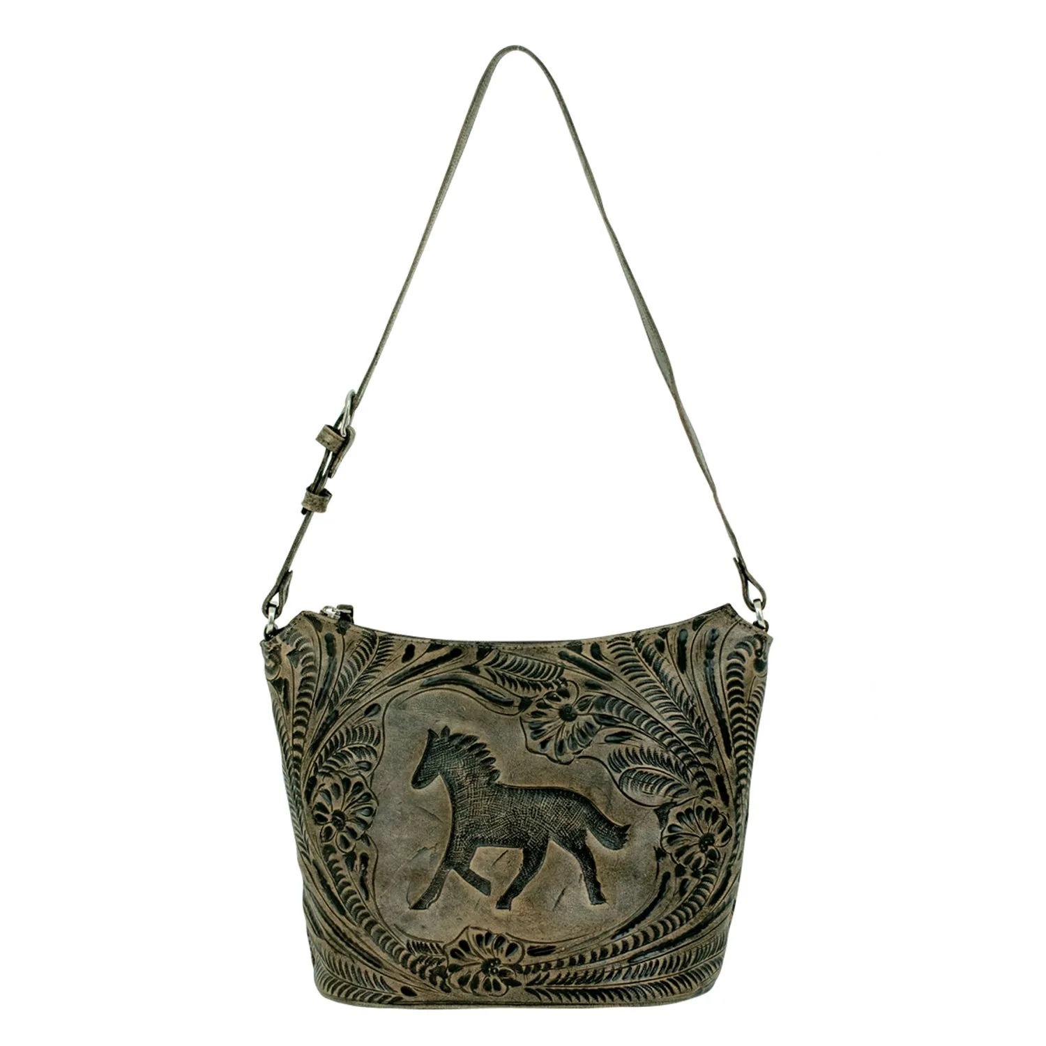 American West Hitchin Post Charcoal Leather Tooled Zip Top Bucket Tote
