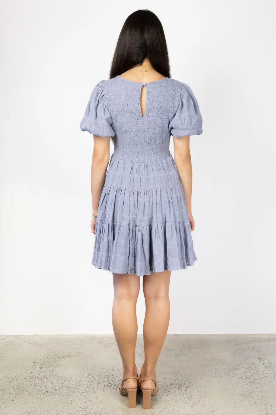 Esme Sky Blue Shirred Cotton Puff SS Shirred Bodice Tiered Mini Dress