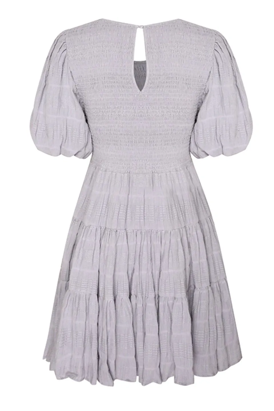 Esme Sky Blue Shirred Cotton Puff SS Shirred Bodice Tiered Mini Dress