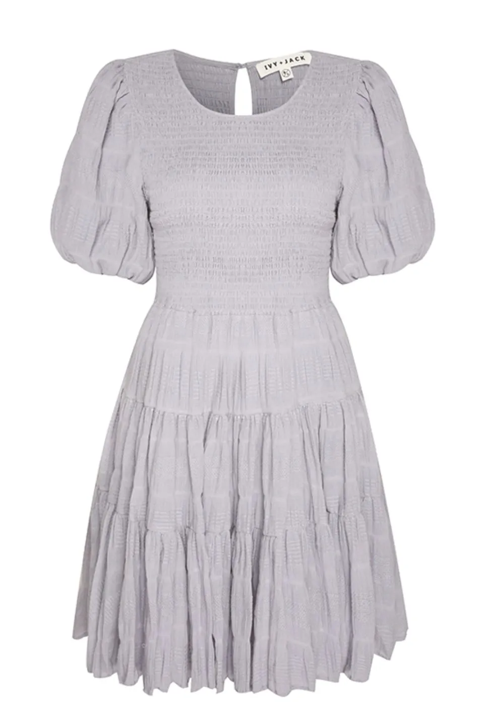 Esme Sky Blue Shirred Cotton Puff SS Shirred Bodice Tiered Mini Dress