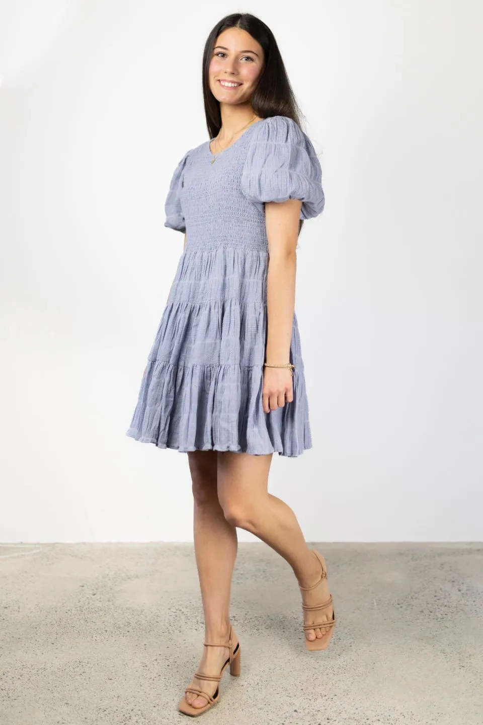 Esme Sky Blue Shirred Cotton Puff SS Shirred Bodice Tiered Mini Dress