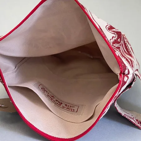 Large linen make up bag - burgundy oak leaves