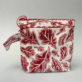 Large linen make up bag - burgundy oak leaves