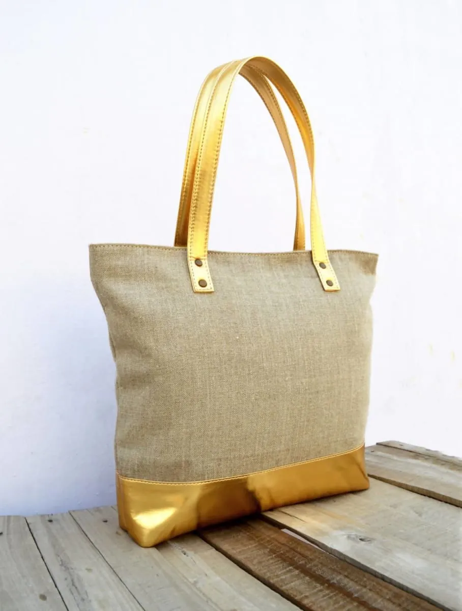 Linen and faux leather tote bag, natural with gold, classic everyday bag.
