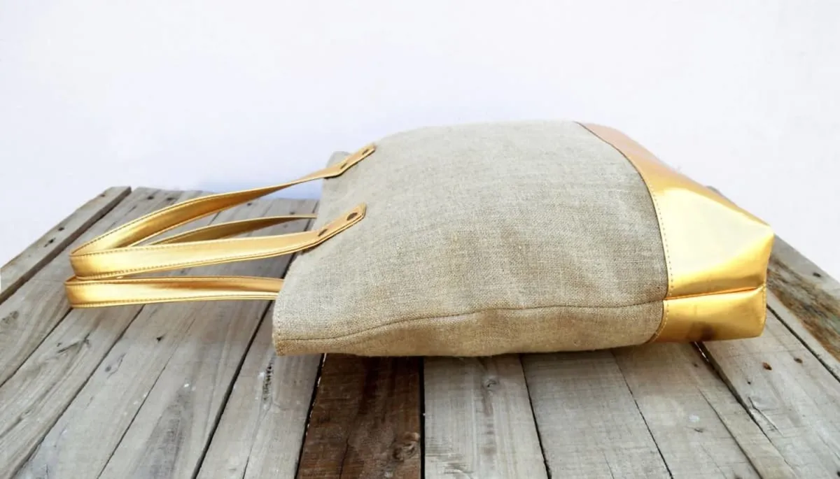Linen and faux leather tote bag, natural with gold, classic everyday bag.