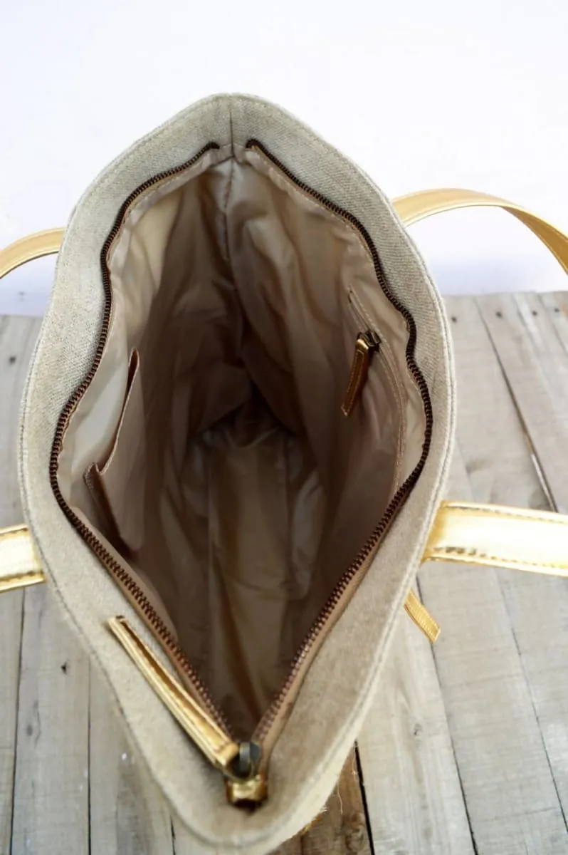 Linen and faux leather tote bag, natural with gold, classic everyday bag.