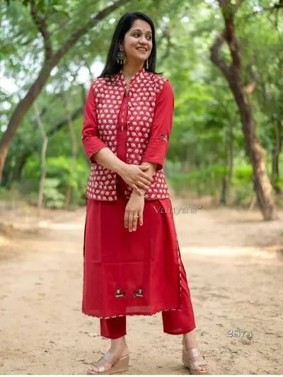 Red Elephant Print Quilted Jacket Cotton Kurti Pant Set of 3
