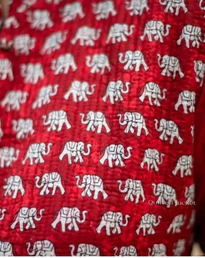 Red Elephant Print Quilted Jacket Cotton Kurti Pant Set of 3