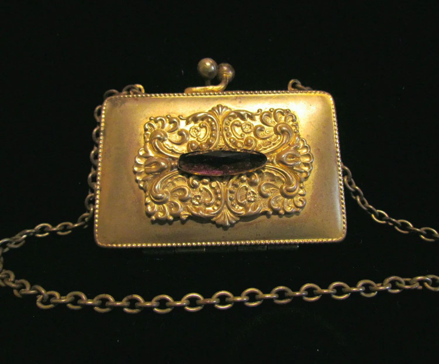 Victorian Gold Compact & Change Purse Antique Chatelaine Card Case Wristlet Purse